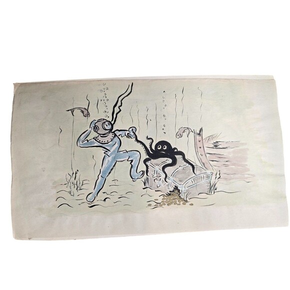 Vintage Hand-Drawn Diver & Octopus Illustration On Board George J Hough - Picture 1 of 8